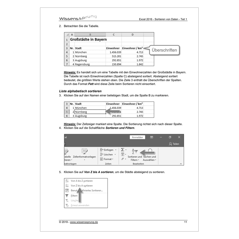 Excel 2016 - Sortieren von Daten - Teil 1 - Anleitung - S0229-P – Bild 3