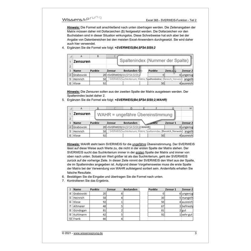 Excel 365 - SVERWEIS-Funktion - Teil 2 - Zensuren ermitteln - Anleitung - S0501-P – Bild 2